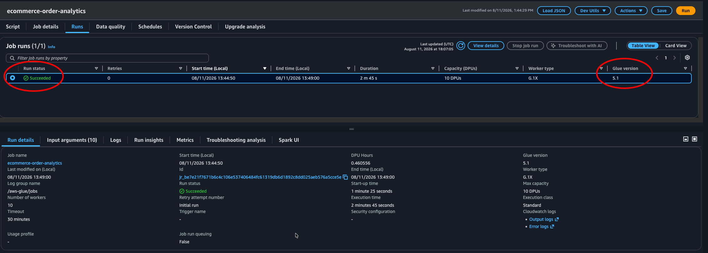AWS Glue Studio 作业运行历史显示在 AWS Glue 5.1 上的成功运行