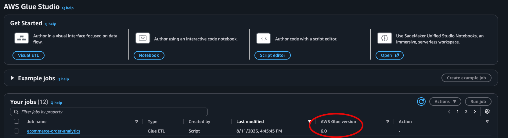 AWS Glue 作业详细信息，显示应用升级后的版本 6.0