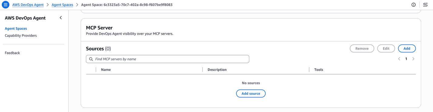 MCP Server section of the agent space detail page with an Add button