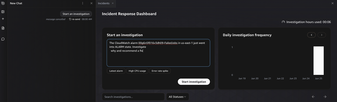 AWS DevOps Agent Start an investigation panel with the alarm prompt entered