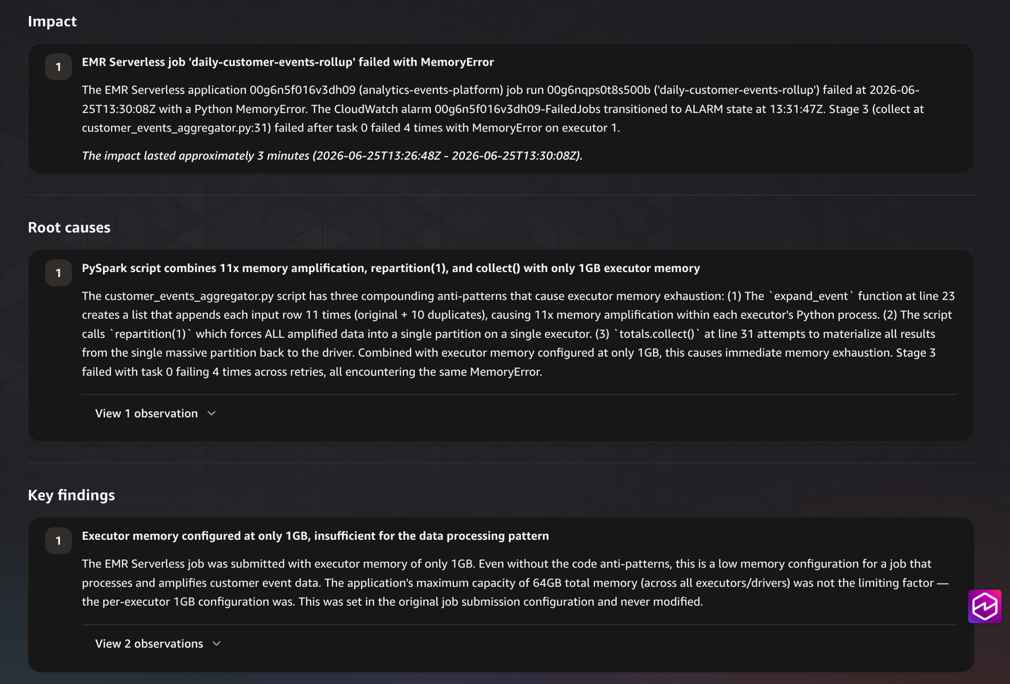 Root cause tab showing impact, root causes, and key findings for the memory failure
