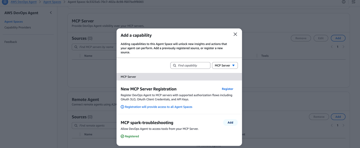 Add a capability dialog listing the spark-troubleshooting MCP server