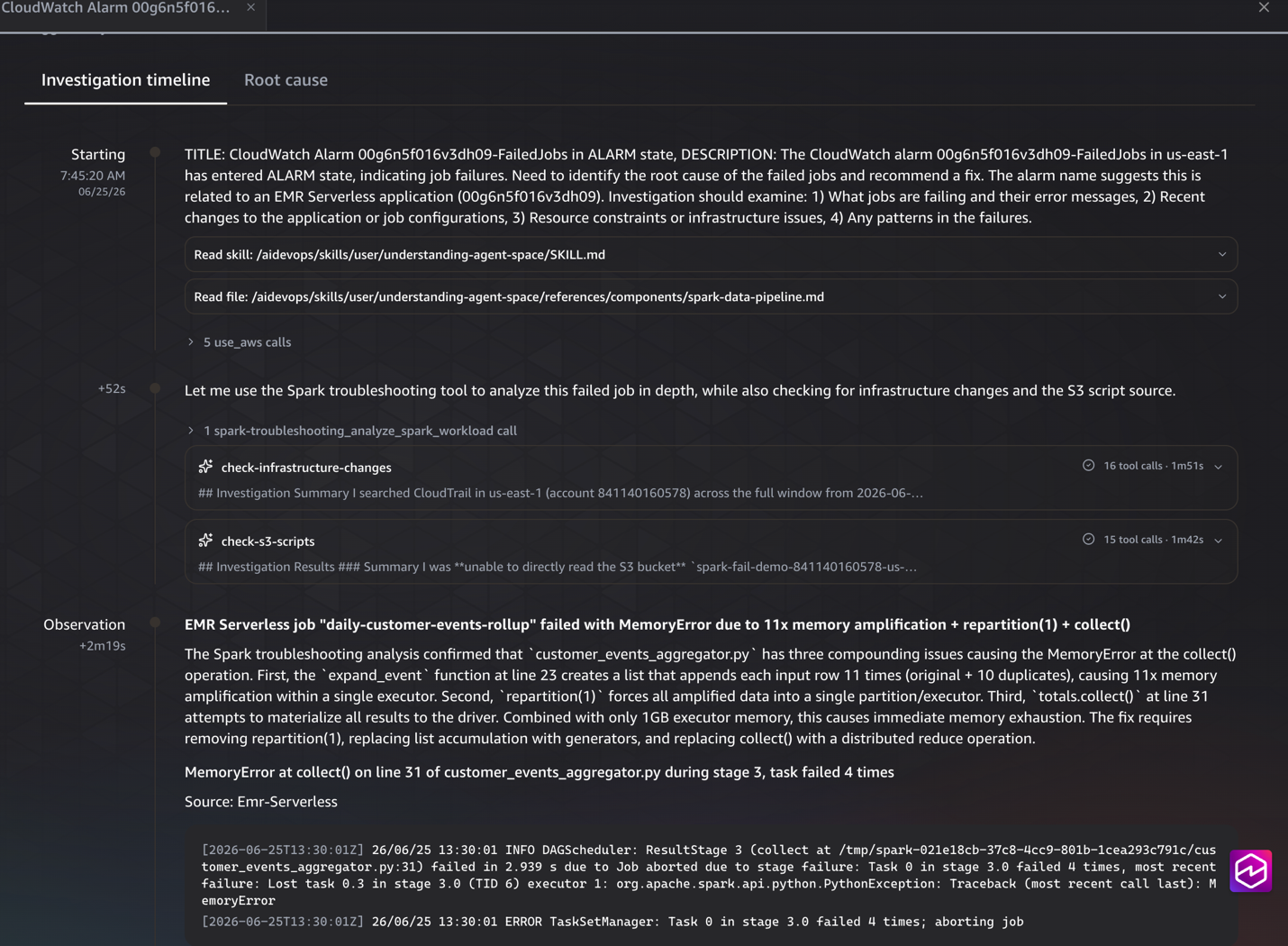 Investigation timeline listing the agent tool calls and the MCP invocation