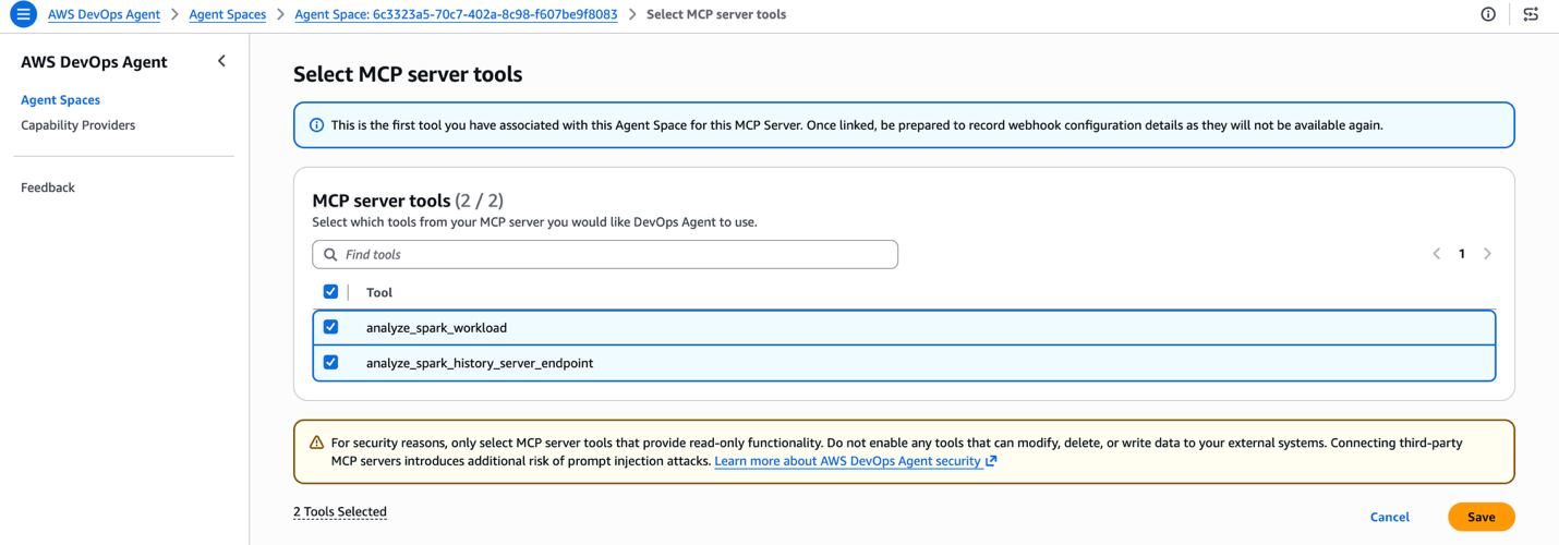 Select MCP server tools page with both Spark troubleshooting tools checked