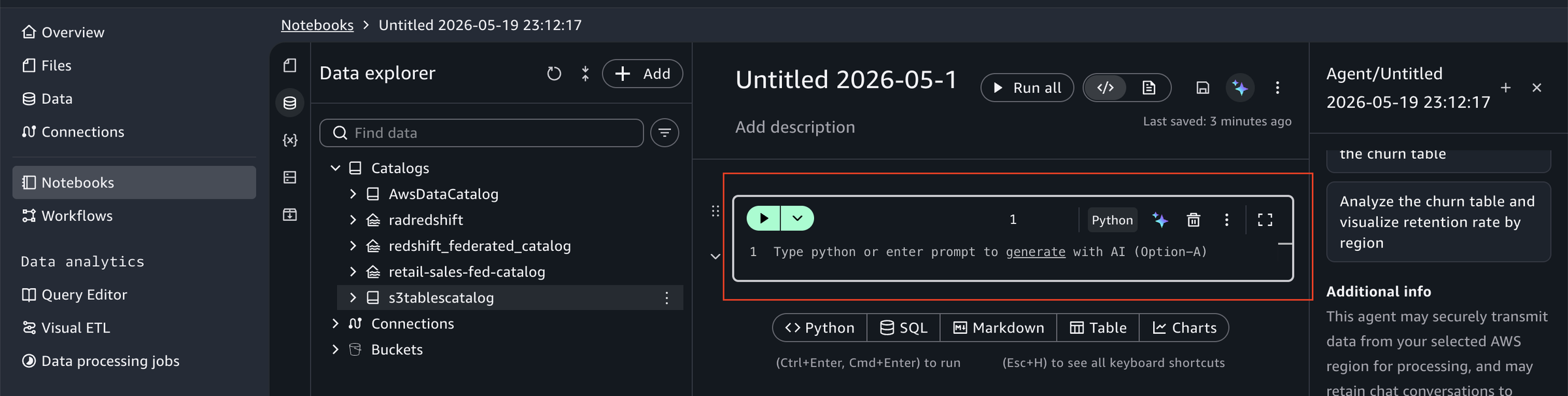 SageMaker Data Agent 根据自然语言提示生成 SQL