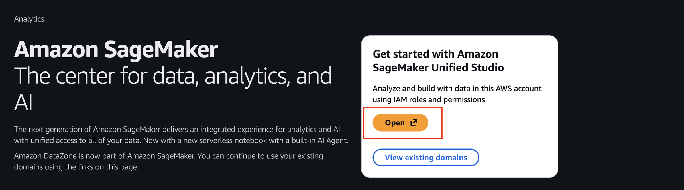 打开并启动 SageMaker Unified Studio 的按钮