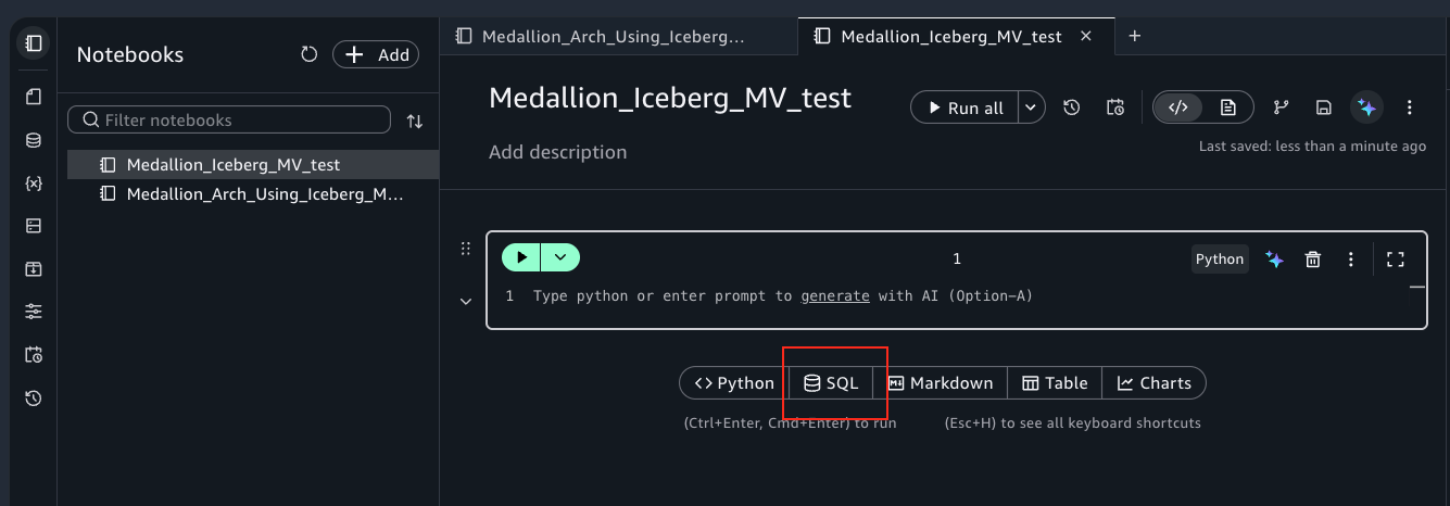 笔记本工具栏中的 SQL 单元格类型按钮