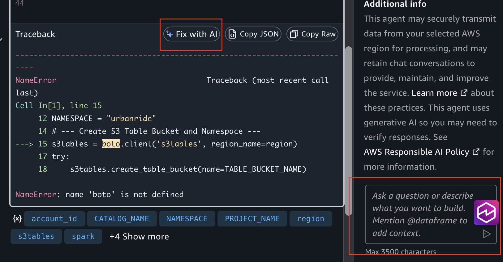 用于解决单元格错误的 Fix with AI 按钮和数据代理聊天机器人