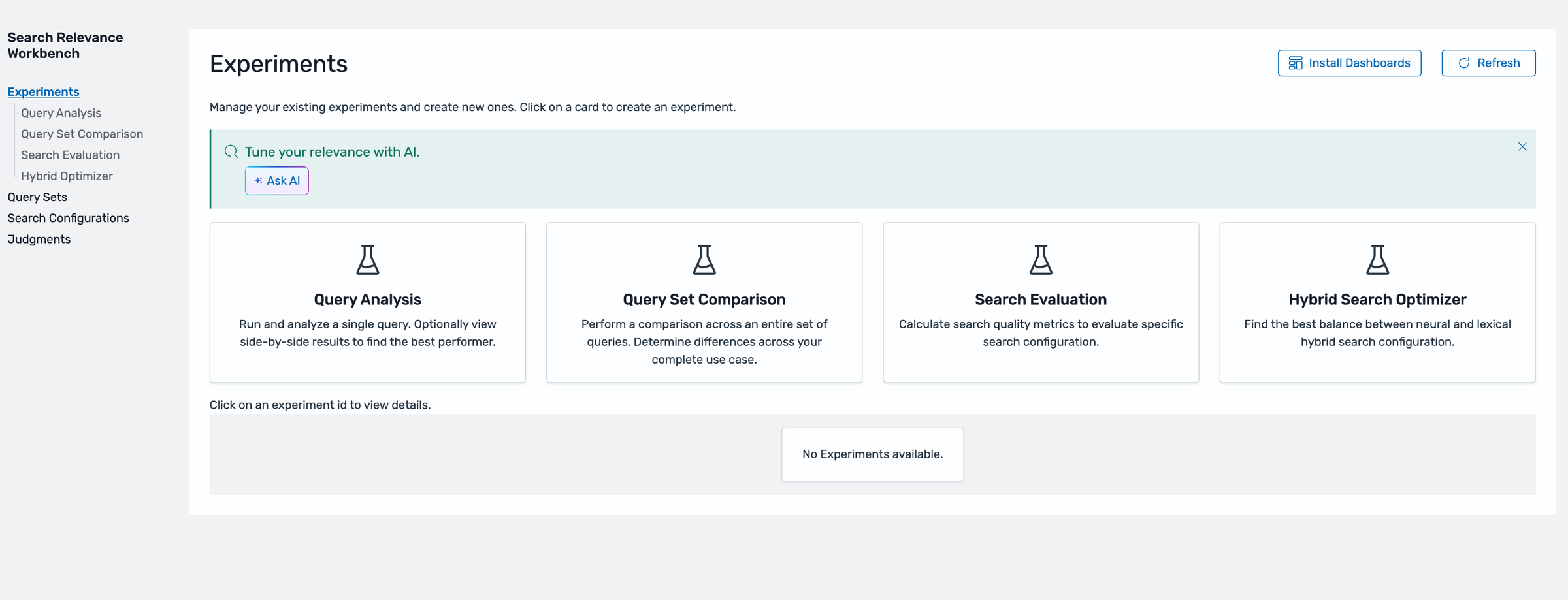 OpenSearch UI 中的 Search Relevance Workbench 主屏幕
