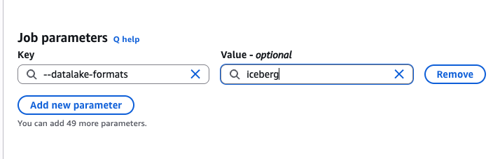 Advanced properties 部分，显示 Job parameters 键 –datalake-formats 设置为值 iceberg