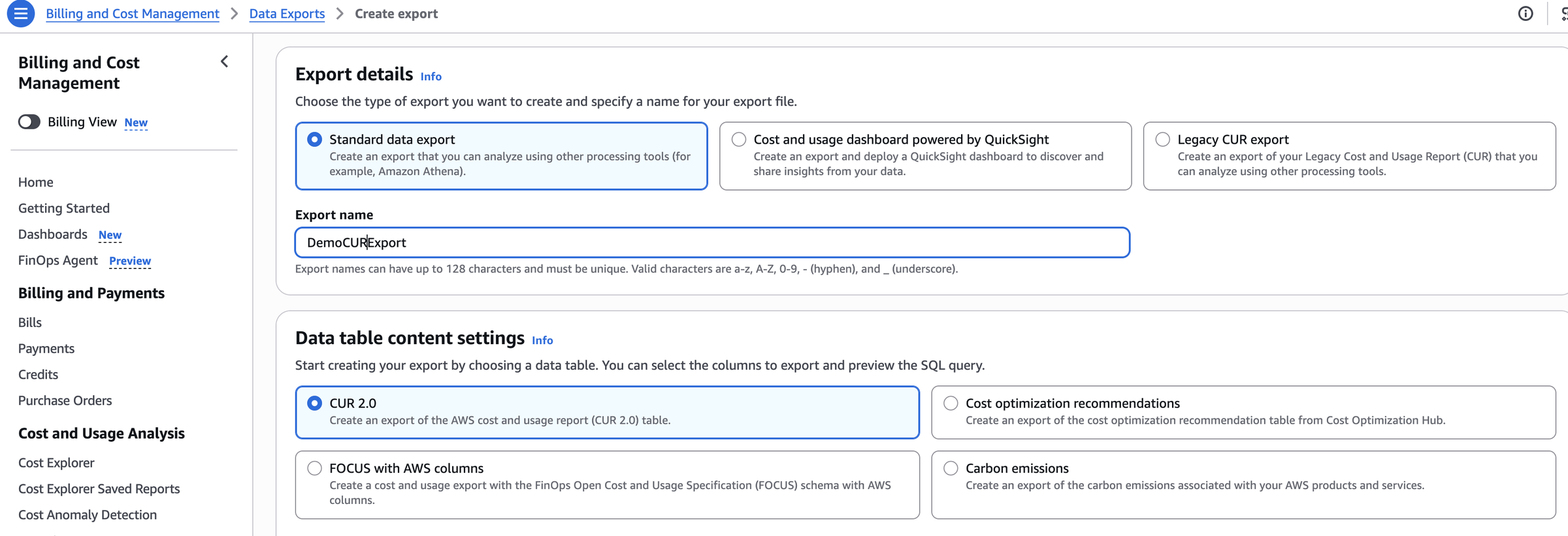 Create export 页面，选择了 Standard data export 和 CUR 2.0