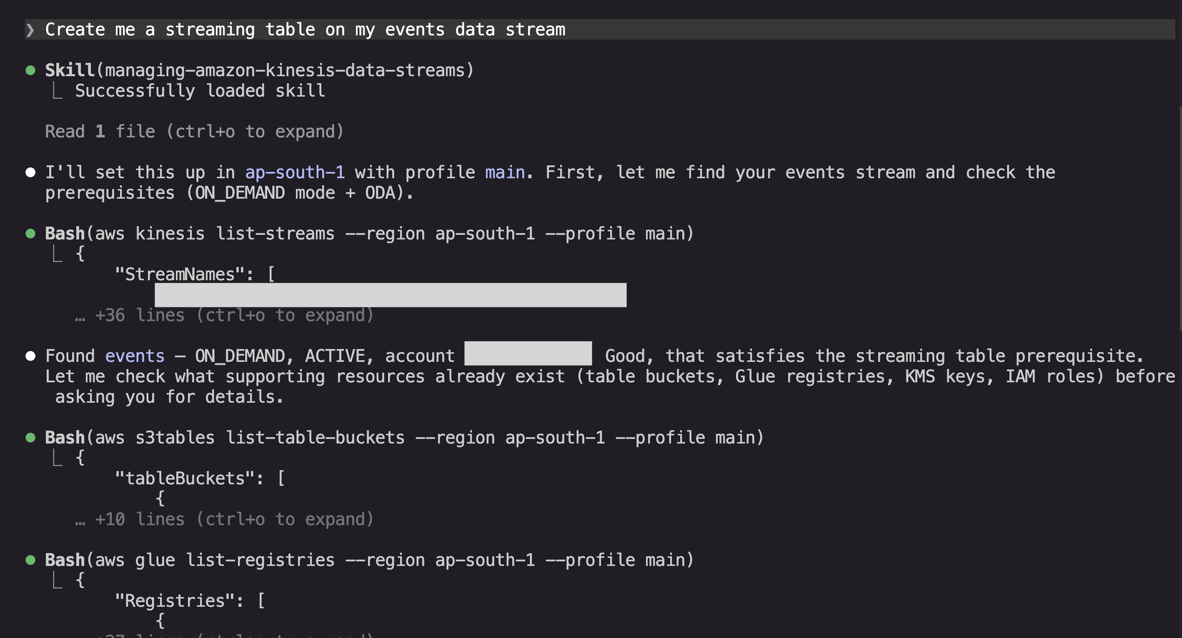 Agent chat showing a prompt to create a streaming table on the events data stream