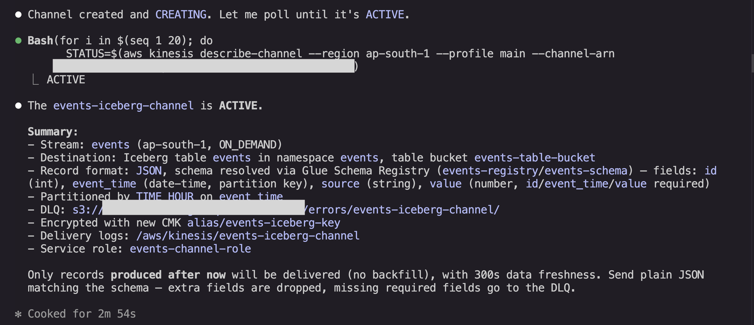 Agent summarizing integration status and offering Lake Formation permissions or table maintenance setup