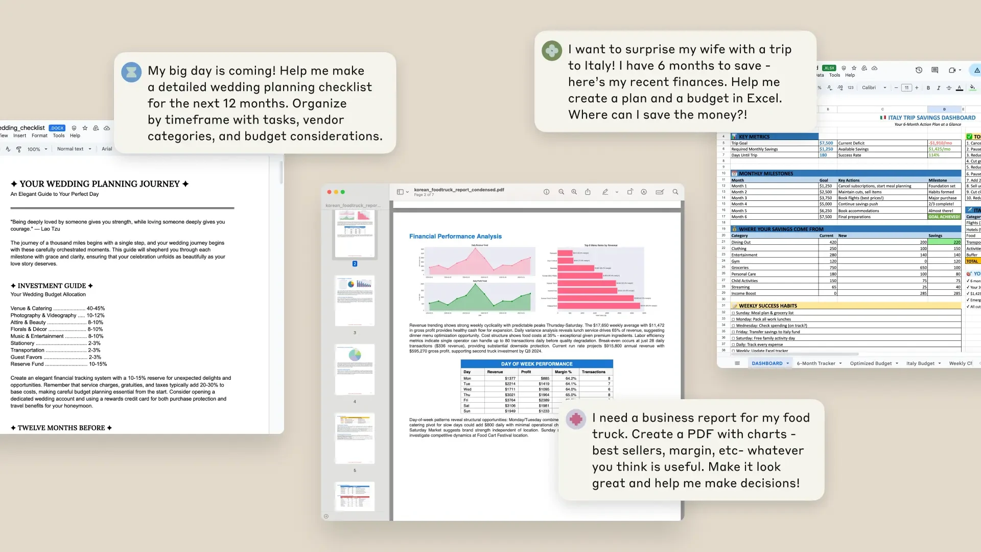 显示三个提示及其生成的Excel、文档和PDF文件的图片。