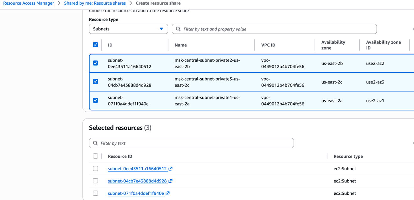 AWS RAM 控制台指定共享子网的目标账户