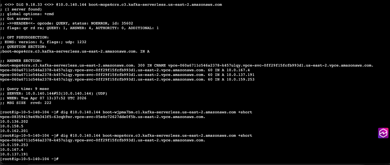 dig命令的终端输出，解析两个MSK Serverless引导字符串到跨账户的代理IP地址。